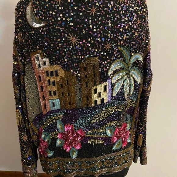 Laurence Kazar The Arabian Nights Sequined & Beaded Silk Evening Jacket, size XL - Picture 3 of 7